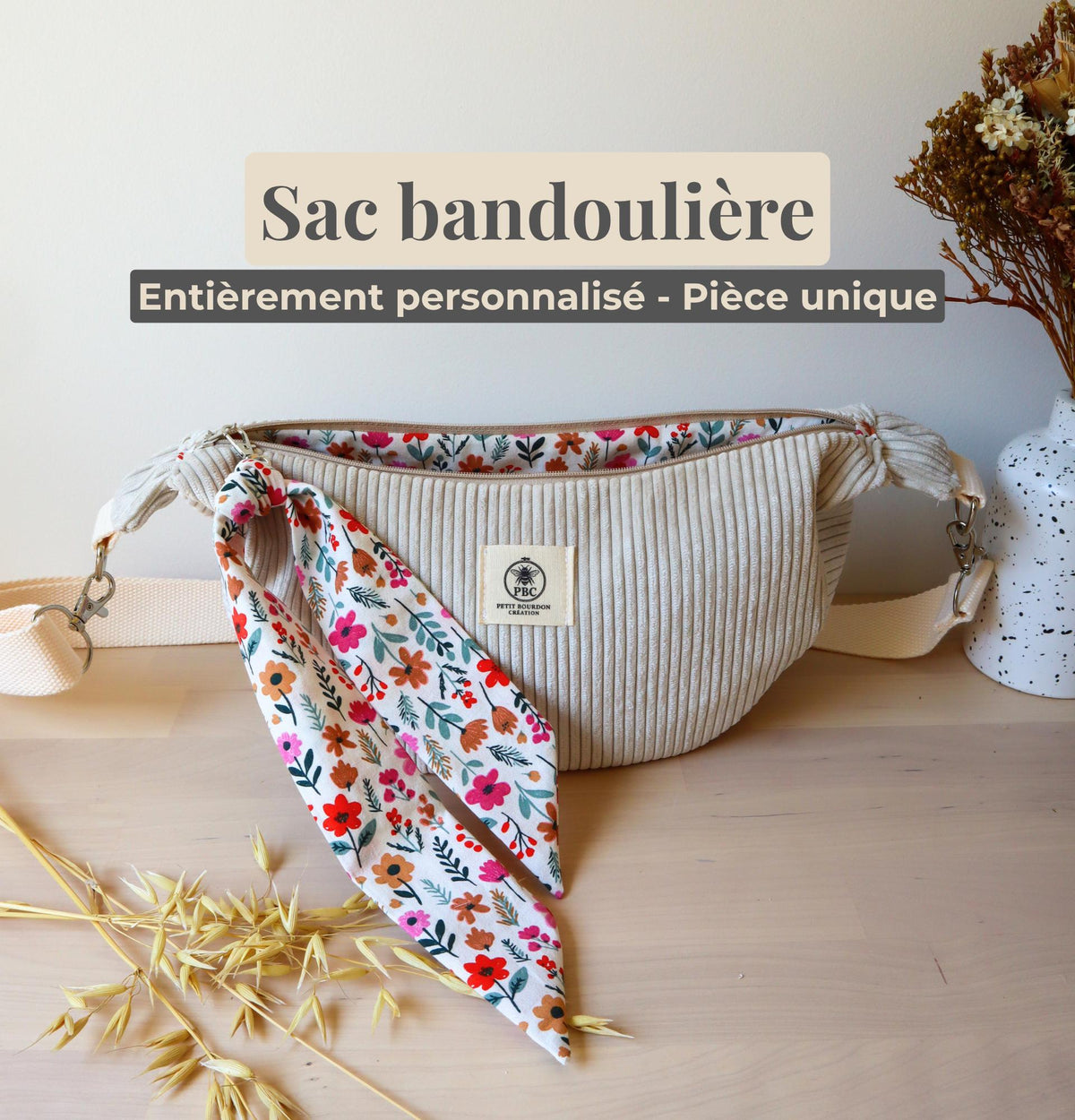 Sac demi-lune bandoulière fait main personnalisable