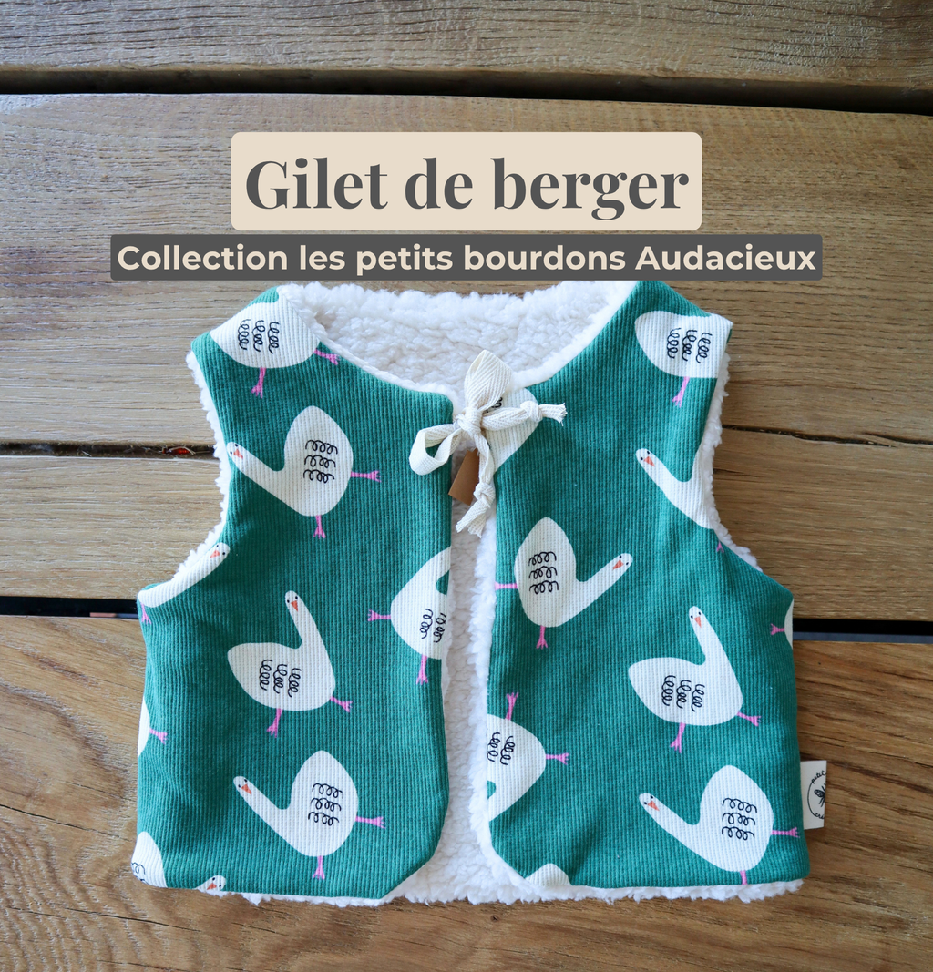 Gilet de berger bébé & enfant réversible – Motifs oies sur fond vert