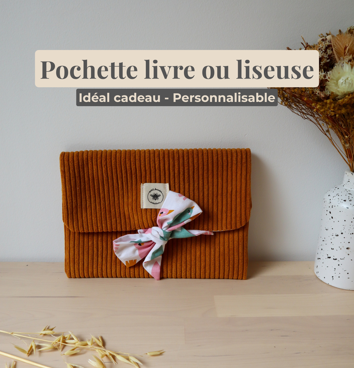 Pochette pour livre, liseuse, tablette en tissu fait main